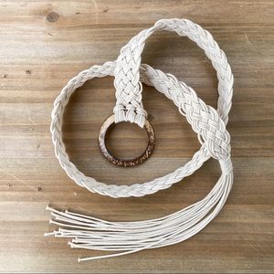 Vintage Style Woven Macrame Tie Belt Cream Boho